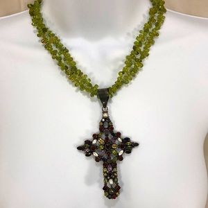 Necklace cross pendant, green bead